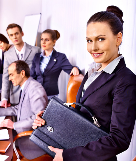 confident businesswoman leading corporate team